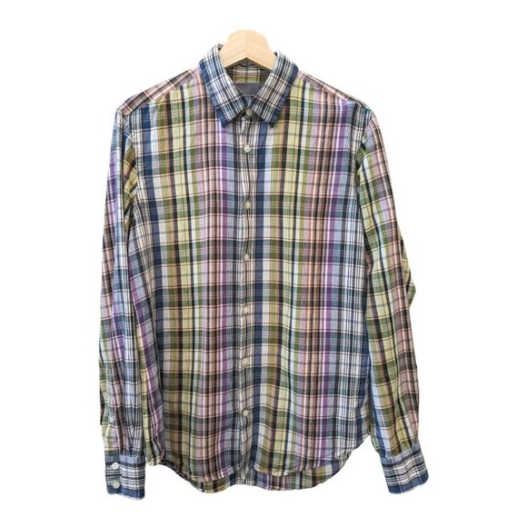 Vince Men's Button Down Plaid Shirt Cotton Linen Blend Multicolor - Picture 1 of 3